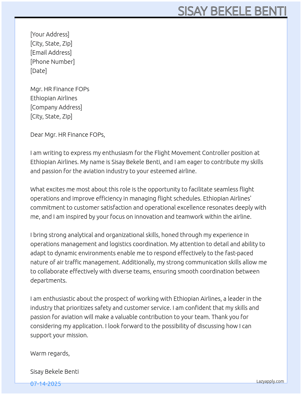 Cover letter for flight movement controller - LazyApply
