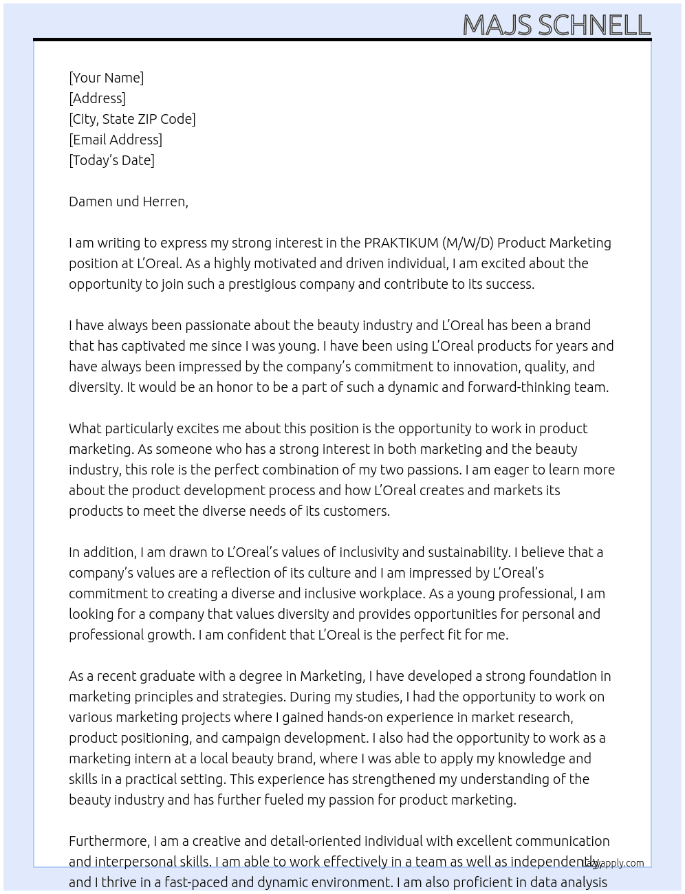 PRAKTIKUM (M/W/D) Product Marketing At L'Oreal Cover Letter