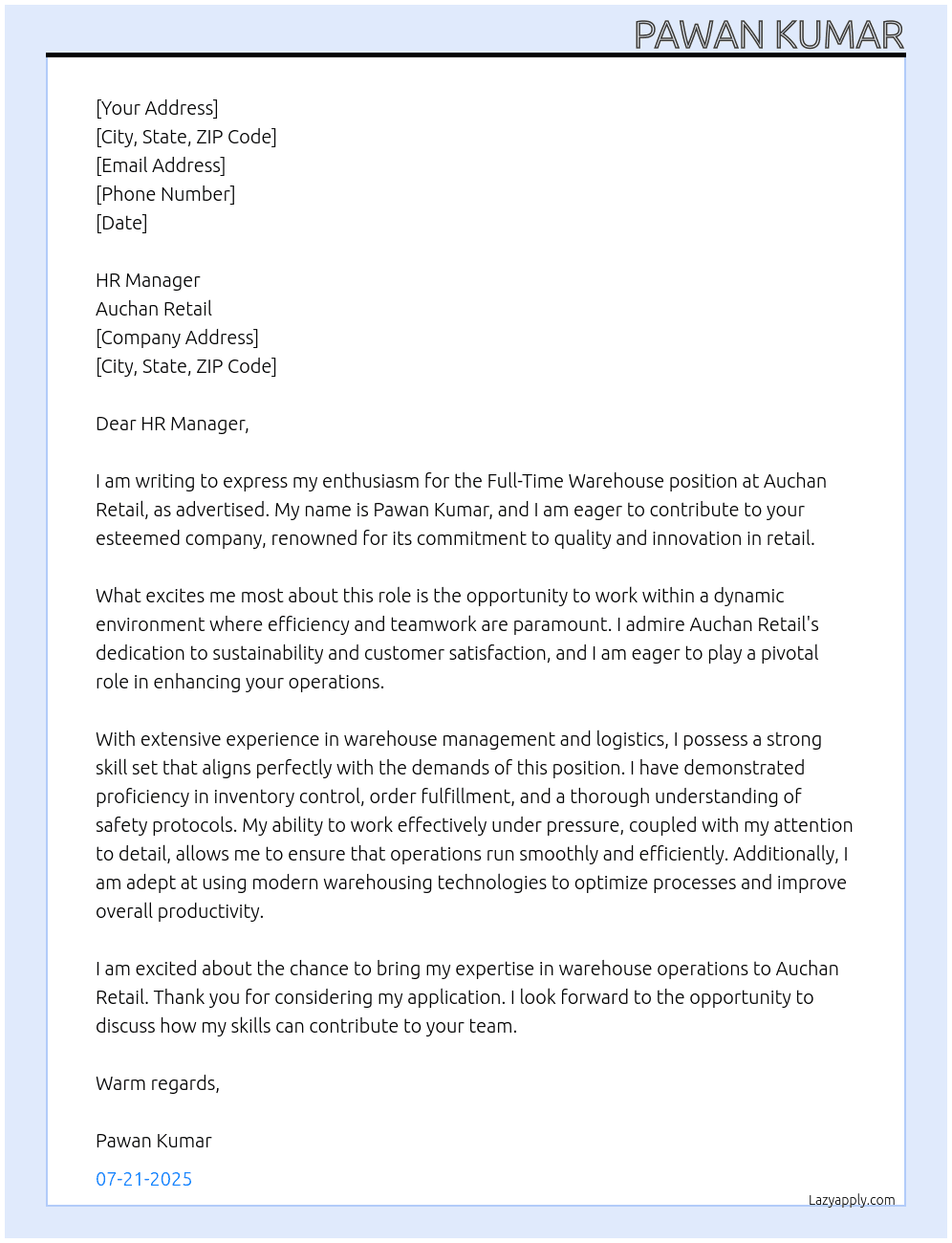 Warehouse  At Auchan Retail  Cover Letter