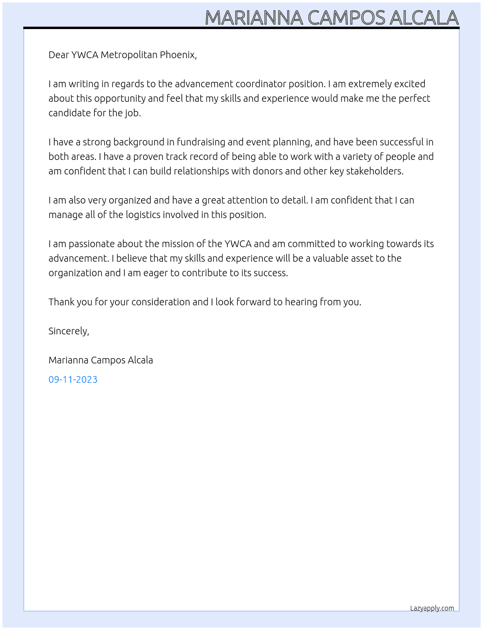 Advancement Coordinator At YWCA Metropolitan Phoenix Cover Letter