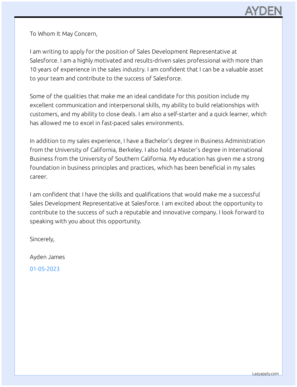 Sale Development Representative At Salesforce Cover Letter