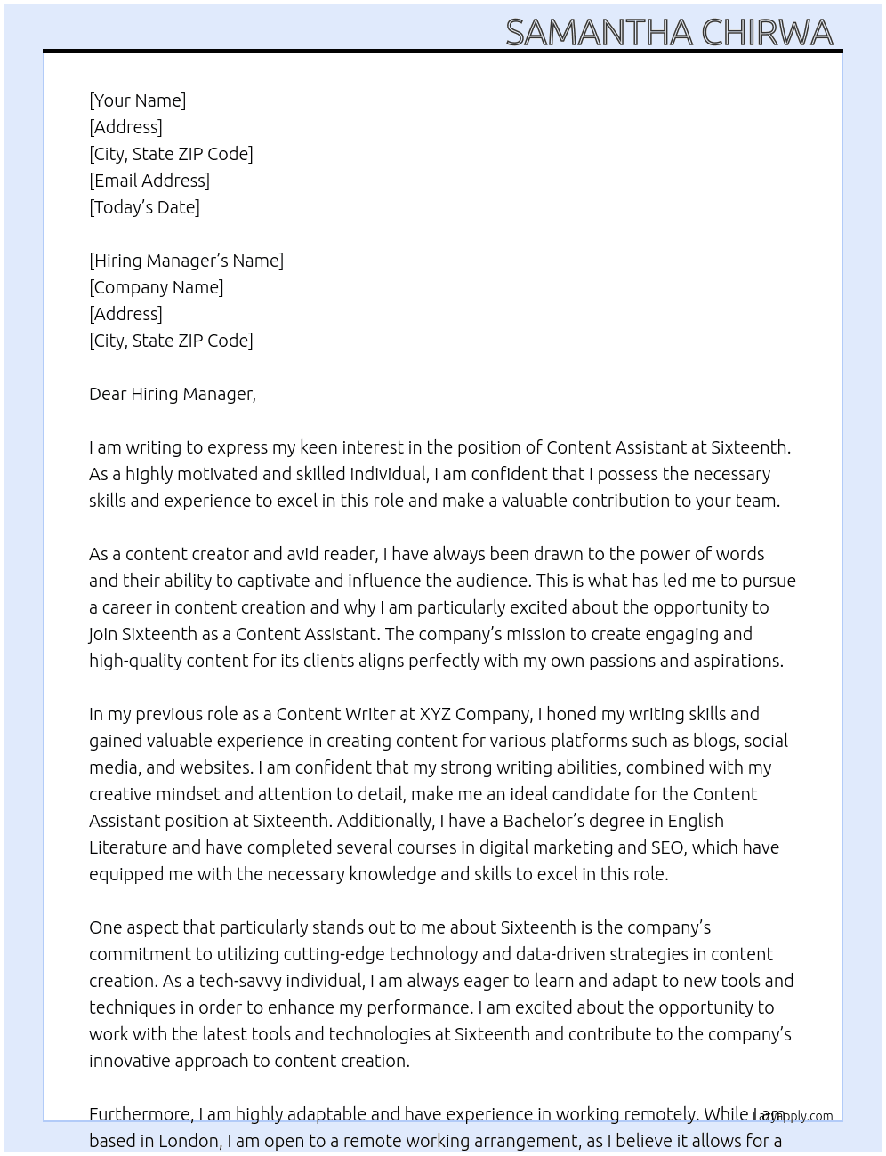Content Assistant  At Sixteenth  Cover Letter