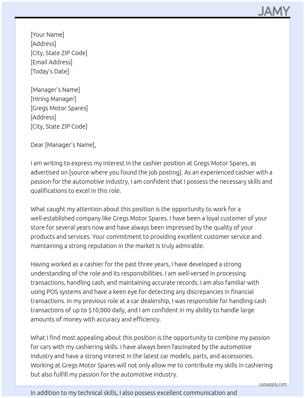 cashier At gregs motor spares Cover Letter