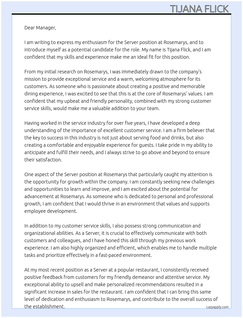 Server  At Rosemarys  Cover Letter