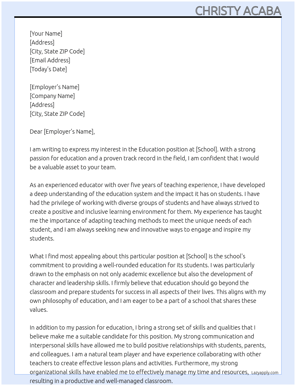 Education  At School Cover Letter