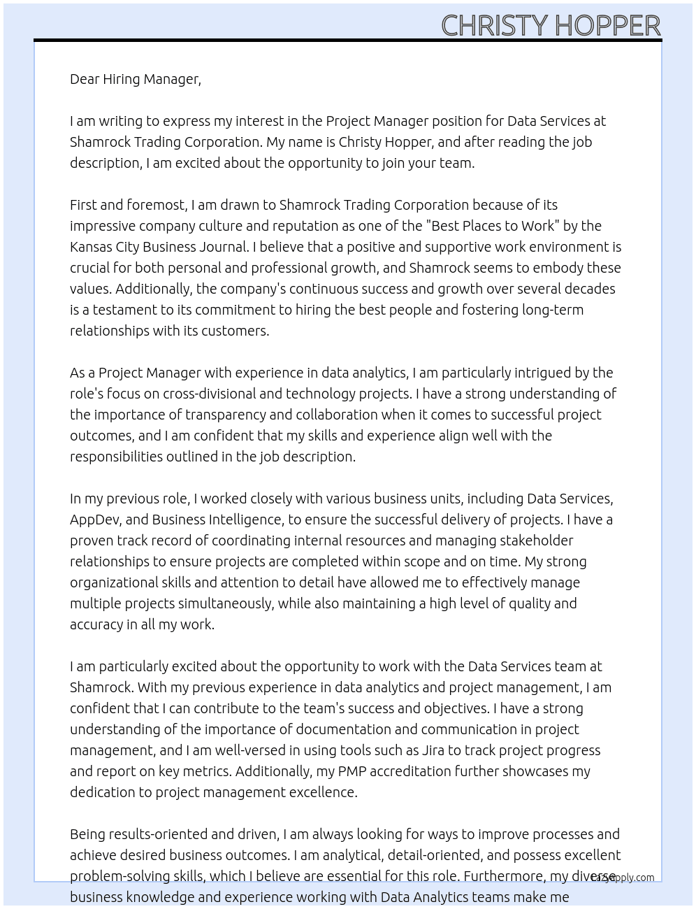 Project Manager - Data Services At Shamrock Trading corporation Cover Letter