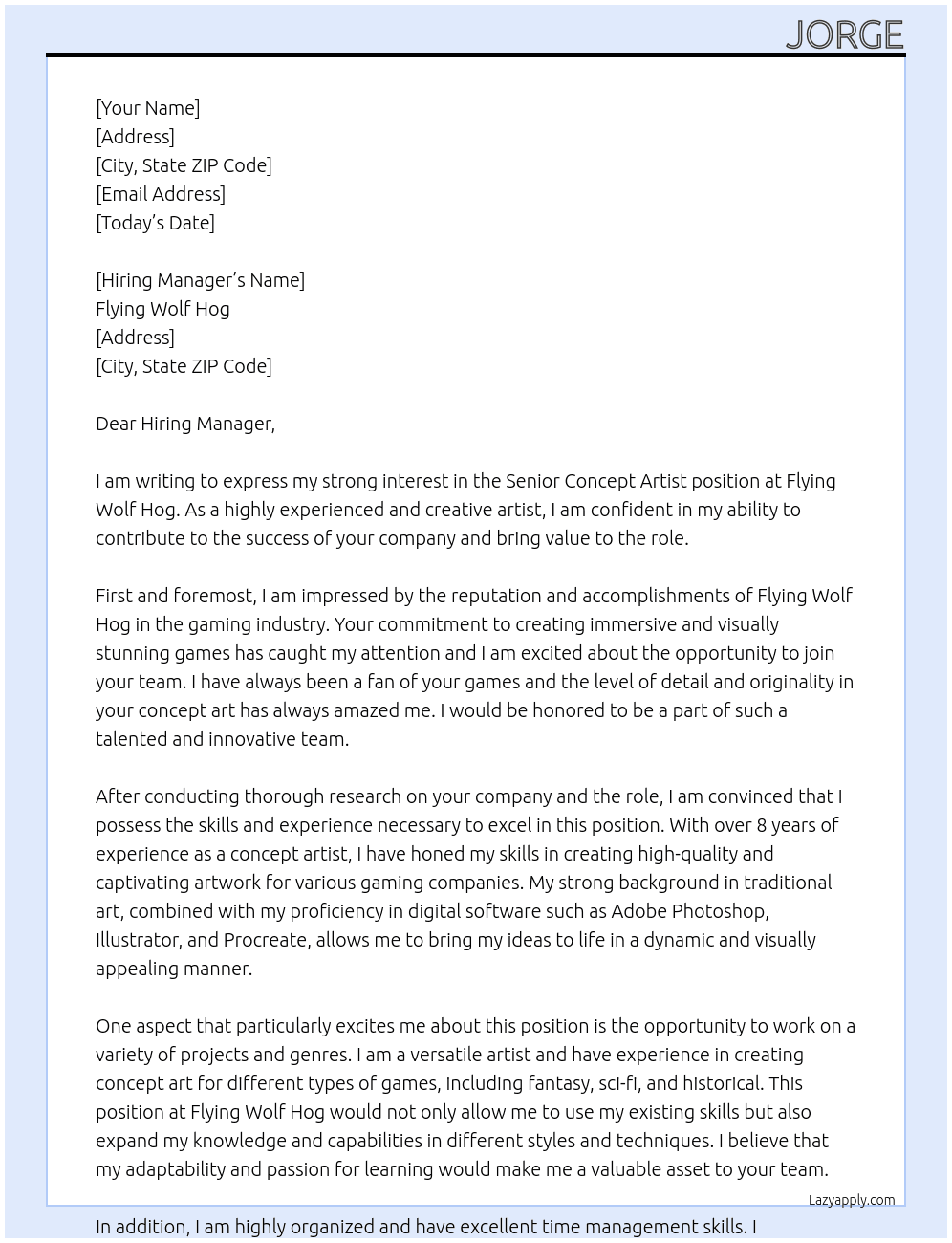 Senior concept artist At flying wold hog Cover Letter