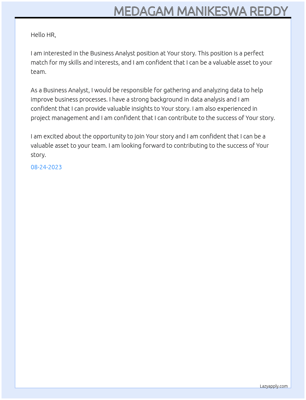 Business Analyst  At Your story Cover Letter