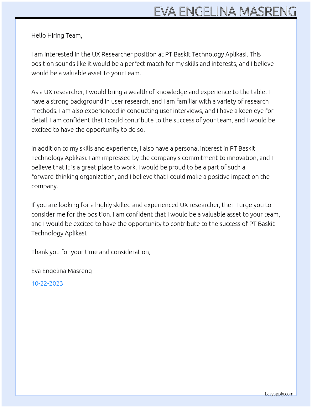 UX Researcher At PT Baskit Technology Aplikasi Cover Letter