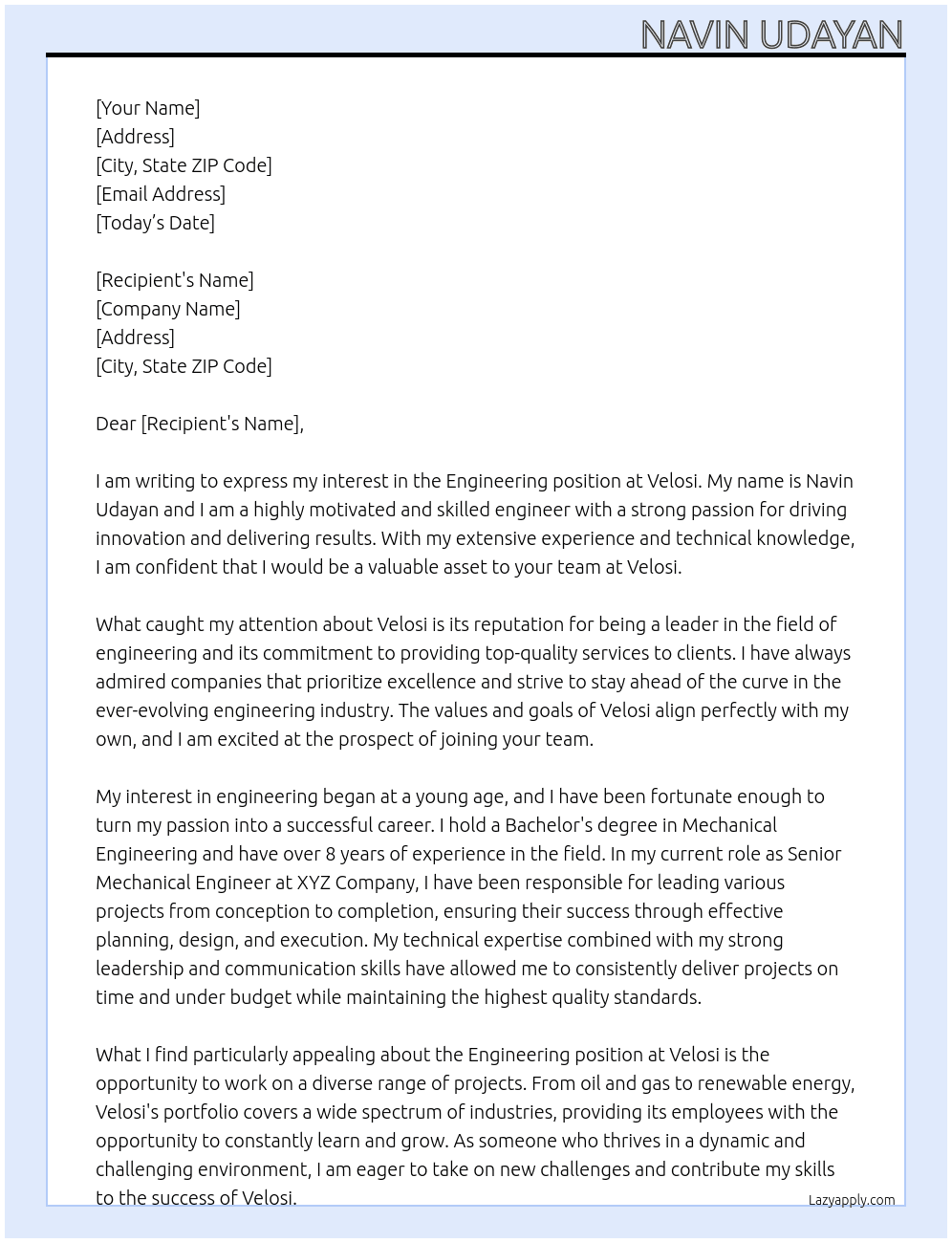 Engineering At Velosi Cover Letter