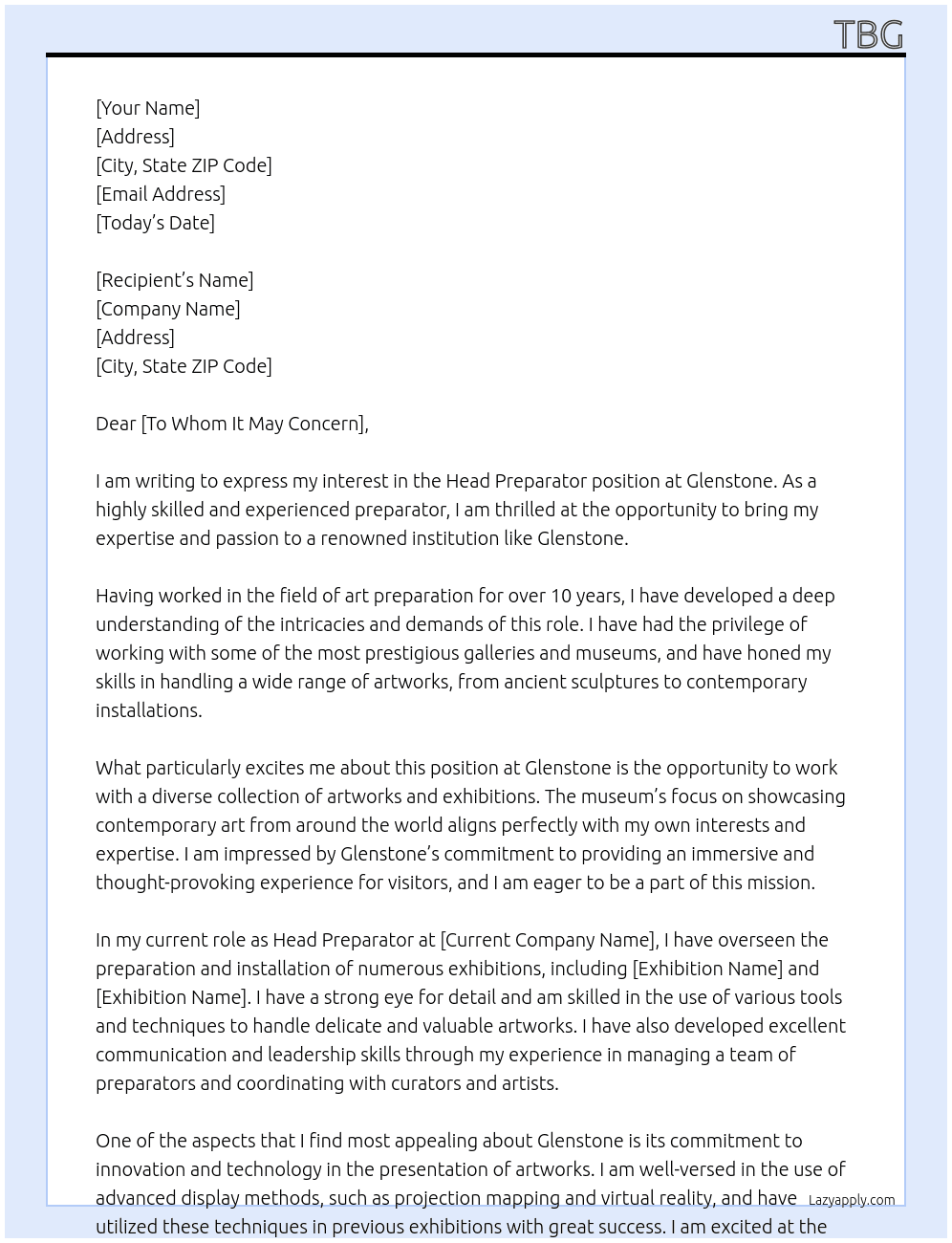 Head Preparator At Glenstone Cover Letter