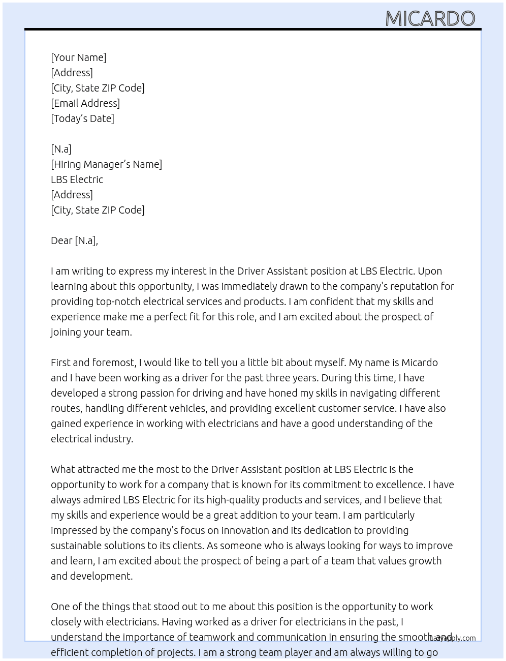 Driver assistant  At LBS electric  Cover Letter