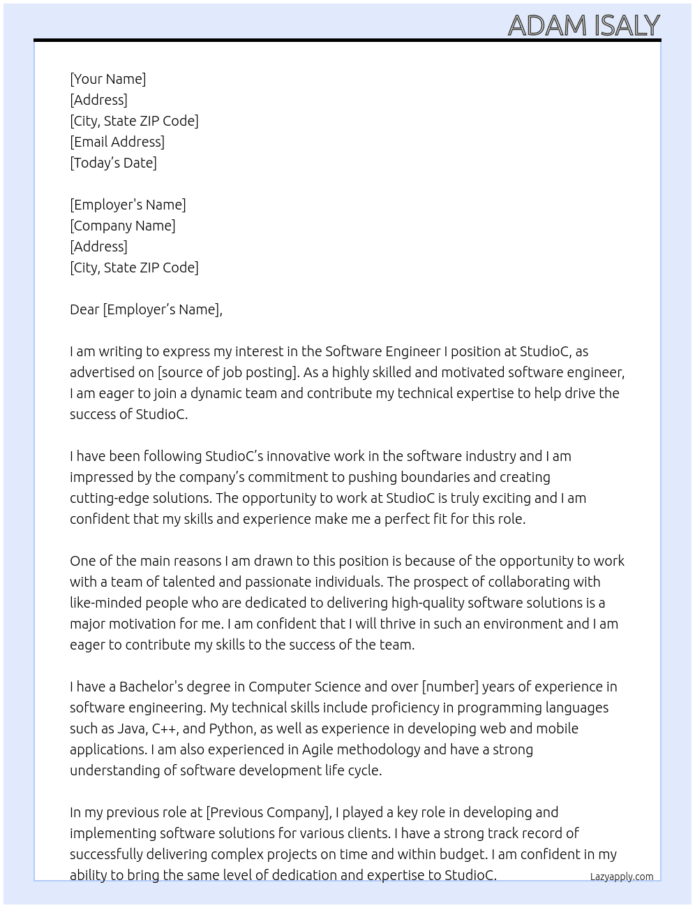 Software Engineer I At StudioC Cover Letter