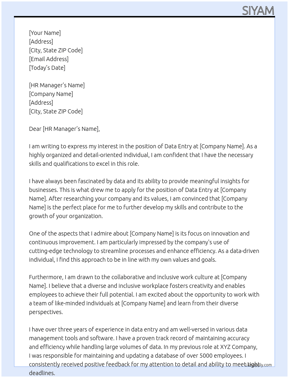 data entry At iimi Cover Letter