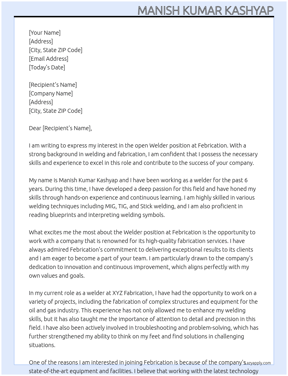 welder At Febrication Cover Letter