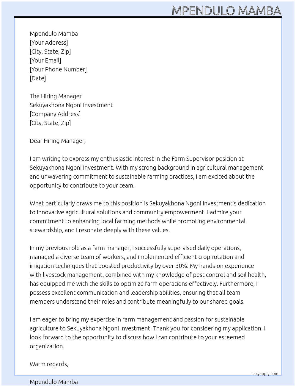 Farm Supervisor At Sekuyakhona Ngoni Investment  Cover Letter