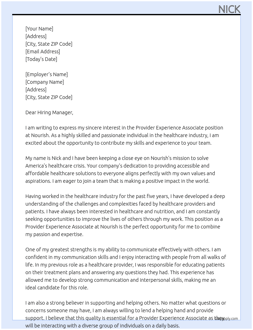 Provider Experience Associate At Nourish  Cover Letter