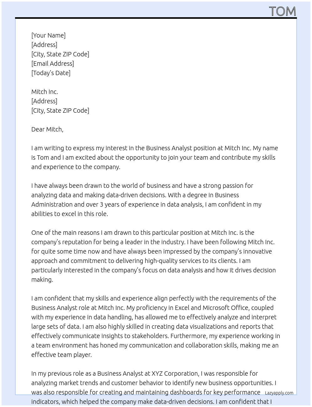 Business analyst At Mitch Inc Cover Letter