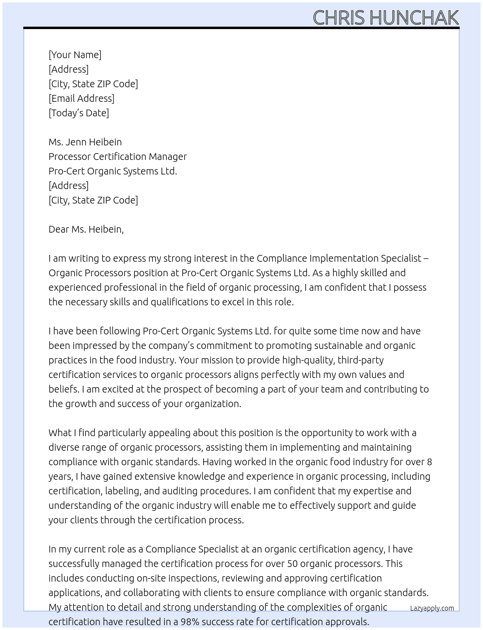 Compliance Implementation Specialist - Organic Processors At Pro-Cert Organic Systems Ltd. Cover Letter