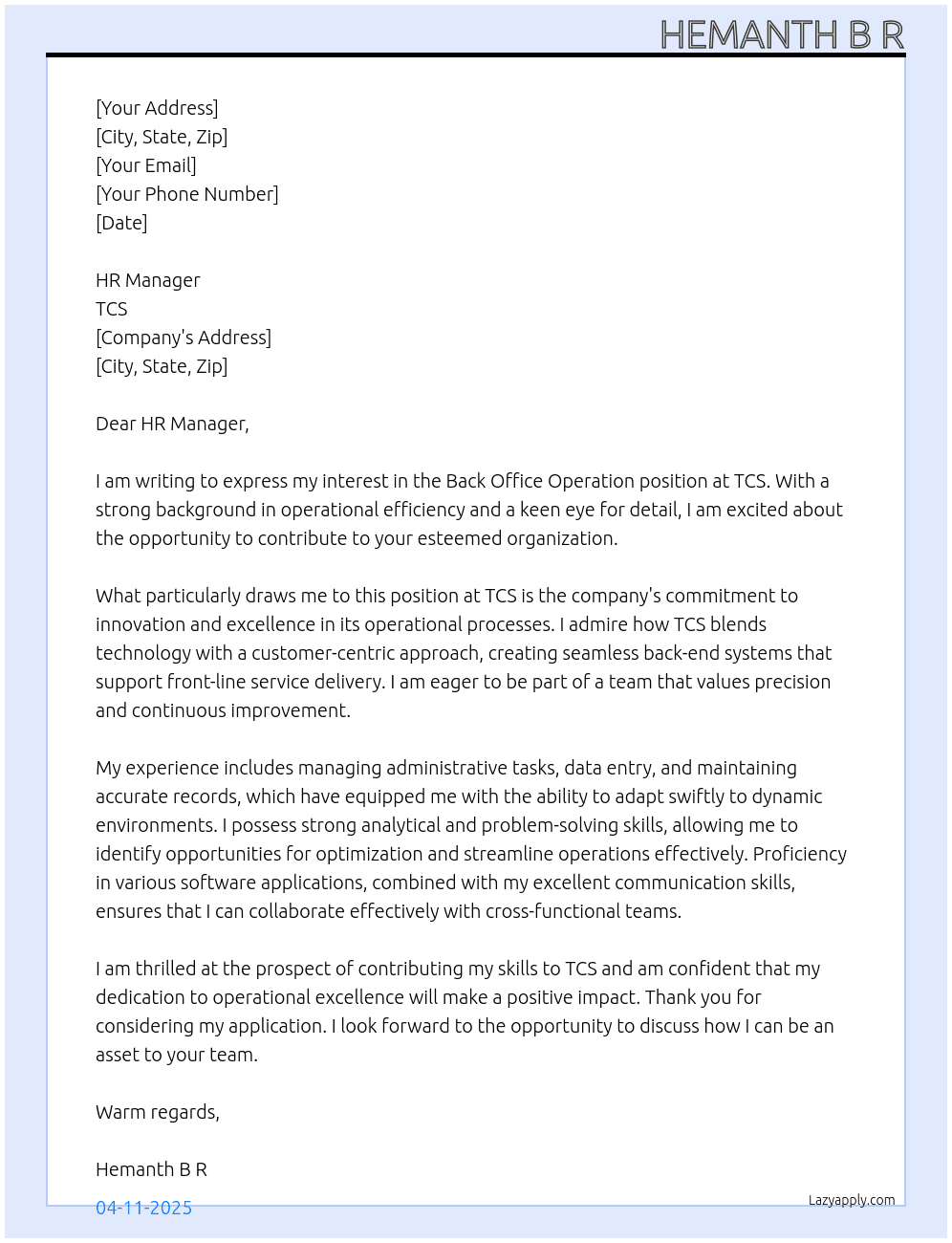 Cover letter for back office operation - LazyApply