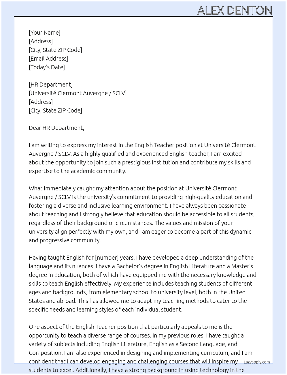English Teacher  At Université Clermont Auvergne / SCLV Cover Letter