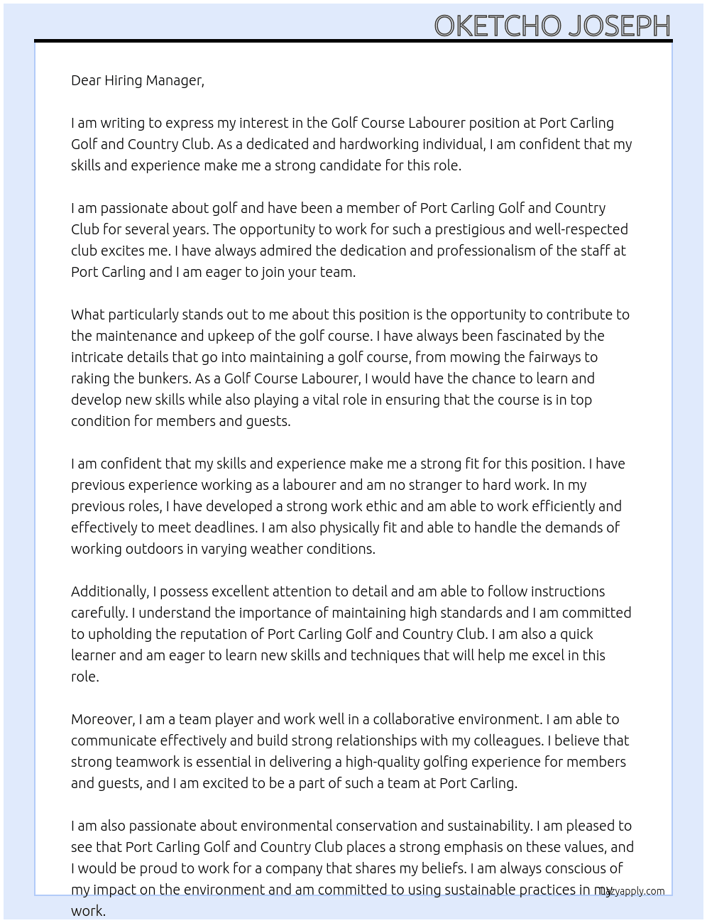 Golf course labourer  At Port Carling Golf and Country Club  Cover Letter