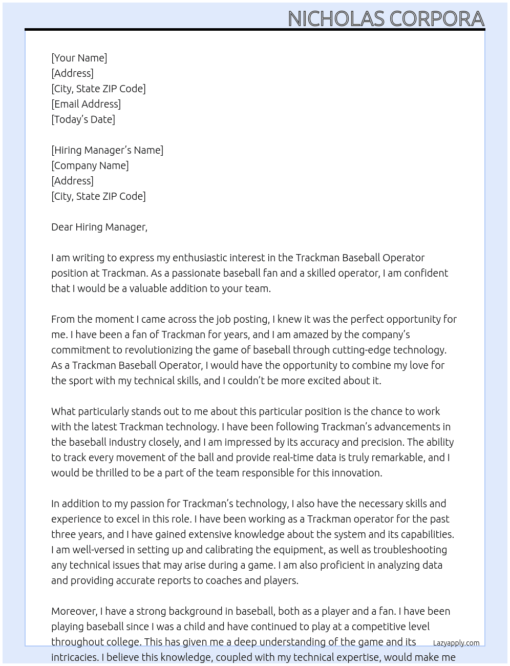 Trackman Baseball Operator At Trackman Cover Letter