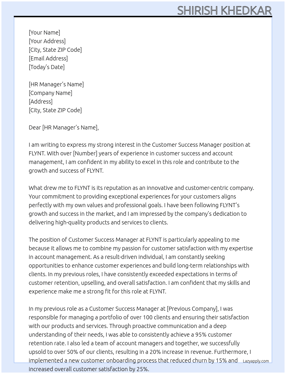 Customer Success Manager At FLYNT Cover Letter