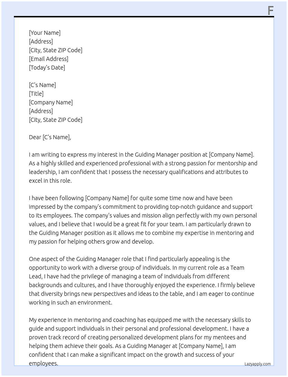 Cover letter for guiding manager - LazyApply