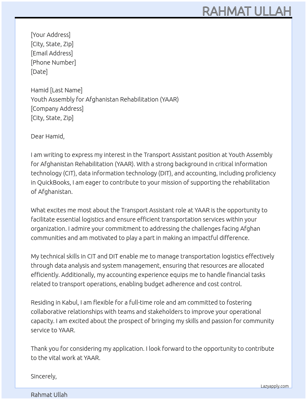 Cover letter for transport assistant - LazyApply