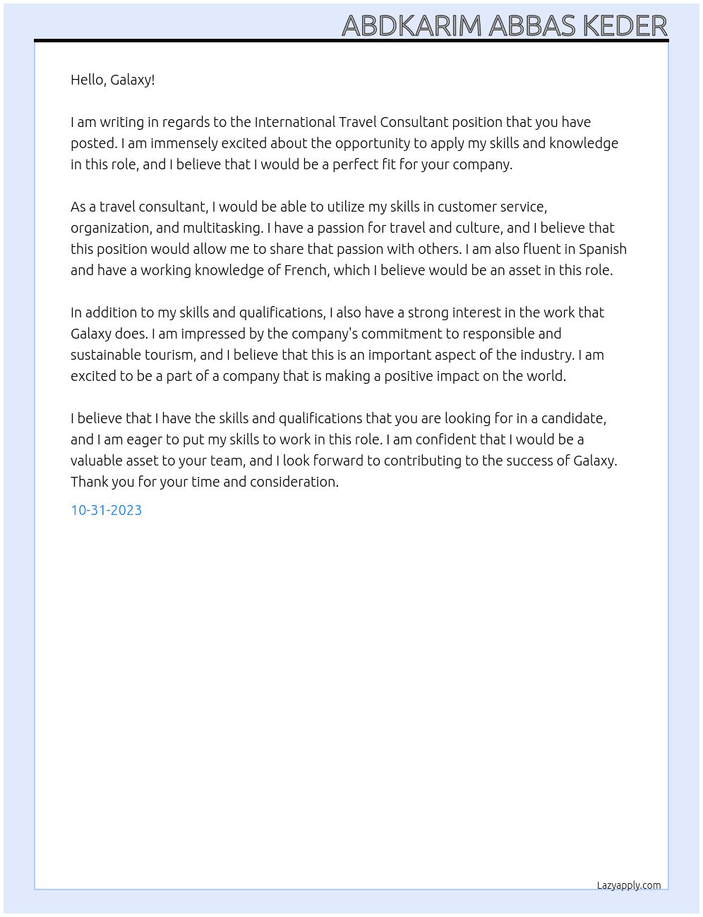 International Travel Conslutant At Galaxy  Cover Letter