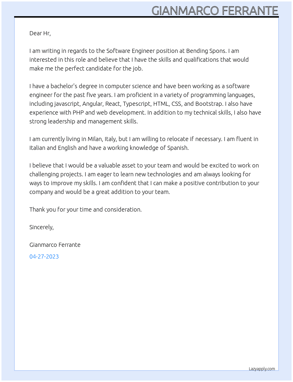 Software Engineer At Bending Spons Cover Letter