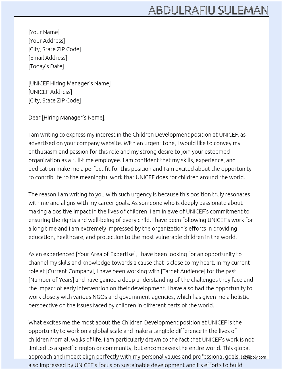 Cover letter for children development - LazyApply