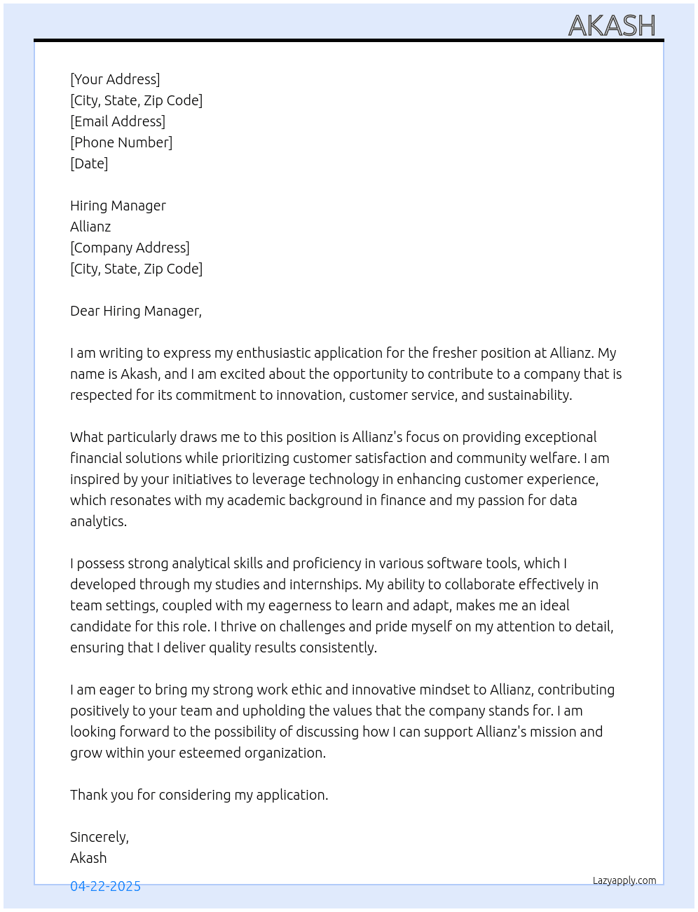 frresher At allianz Cover Letter