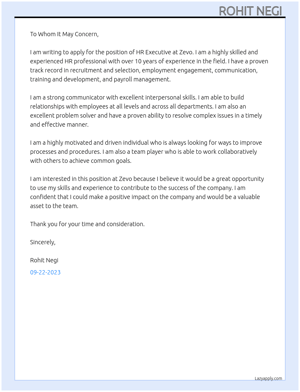 Hr executive  At Zevo  Cover Letter