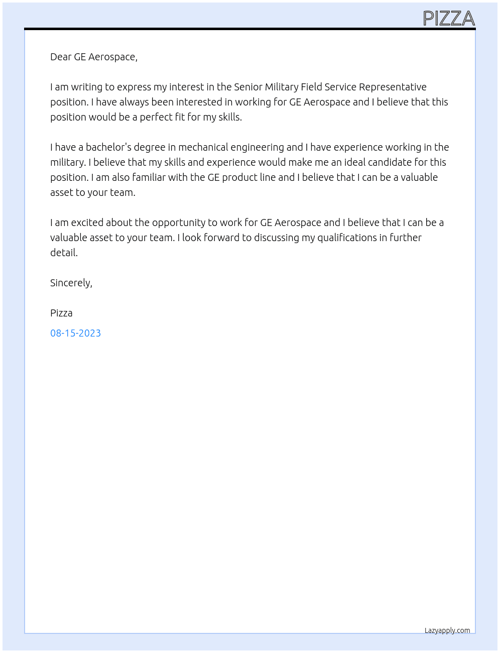 Senior Military Field Service Representative w At GE Aerospace Cover Letter