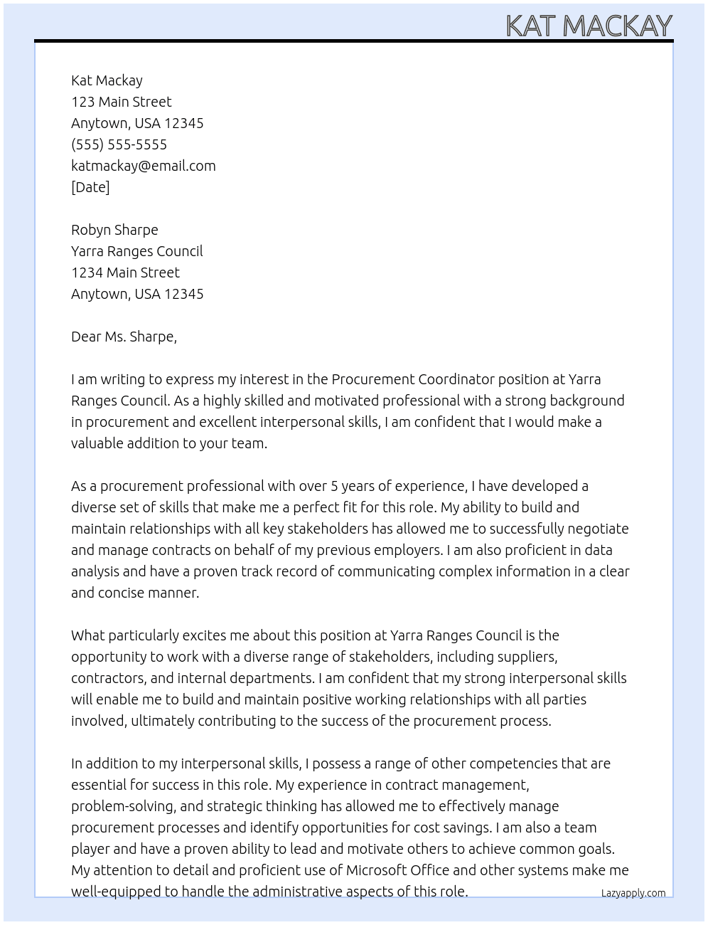 procurement coordinator At yarra ranges council Cover Letter
