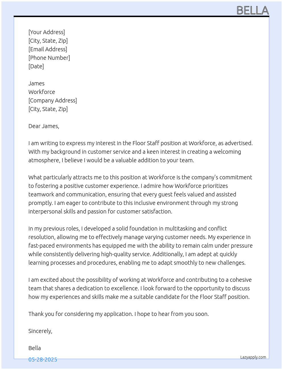 Floor staff At Workforce Cover Letter