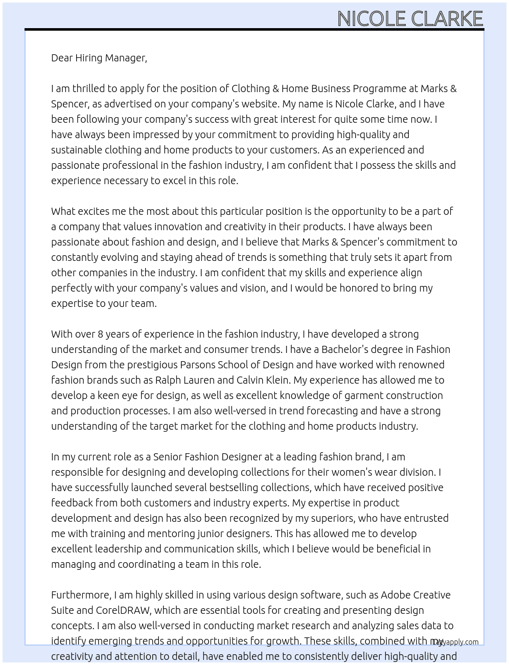Clothing & home business programme  At Marks & Spencers Cover Letter
