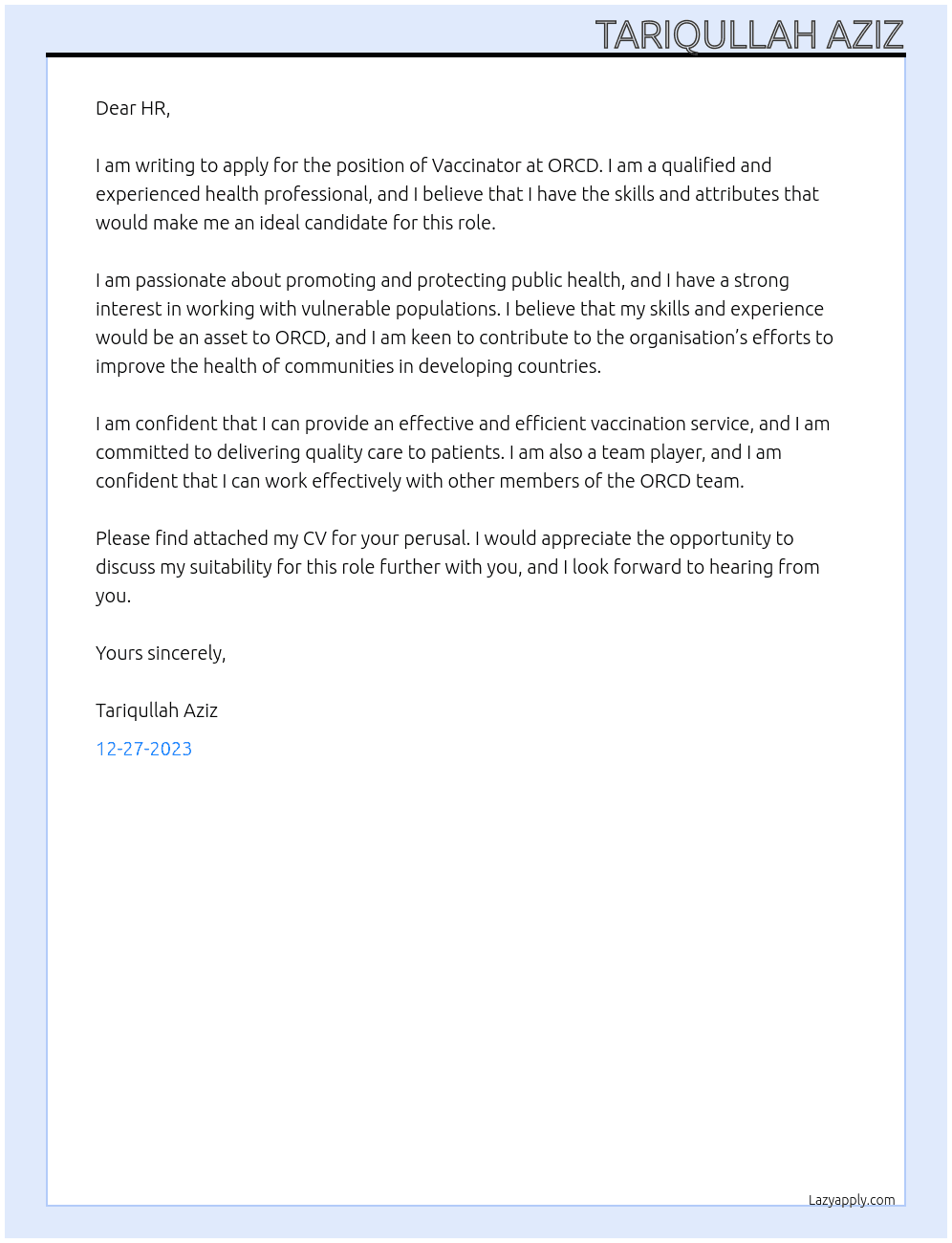 Vaccinator  At ORCD Cover Letter