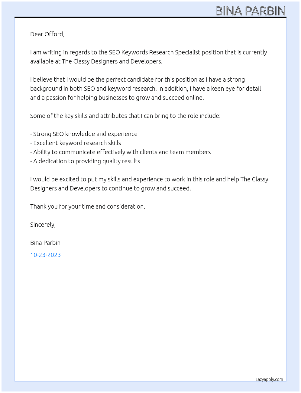 SEO Keywords Research Specialist At The Classy Designers and Developers Cover Letter