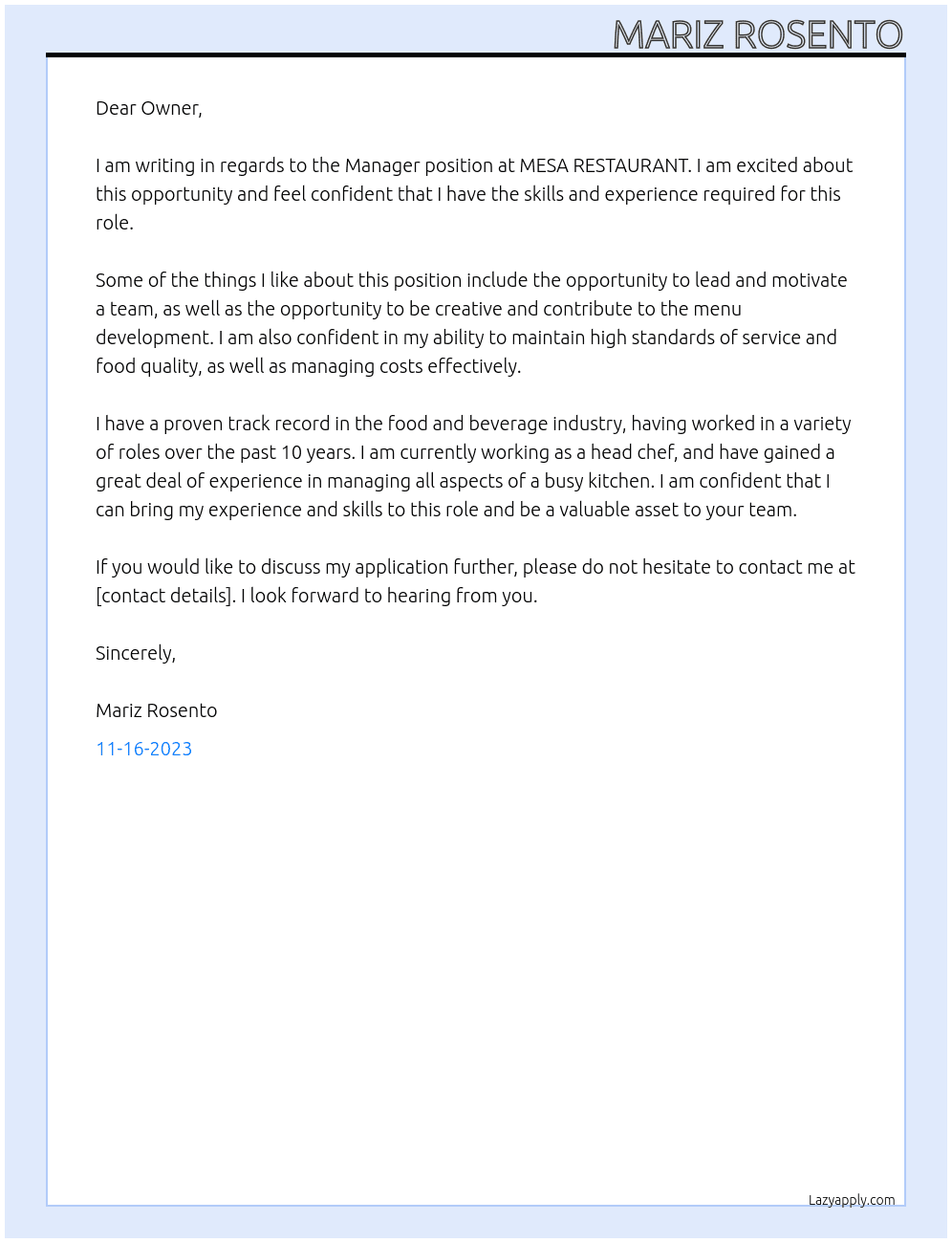 Manager At MESA RESTAURANT Cover Letter