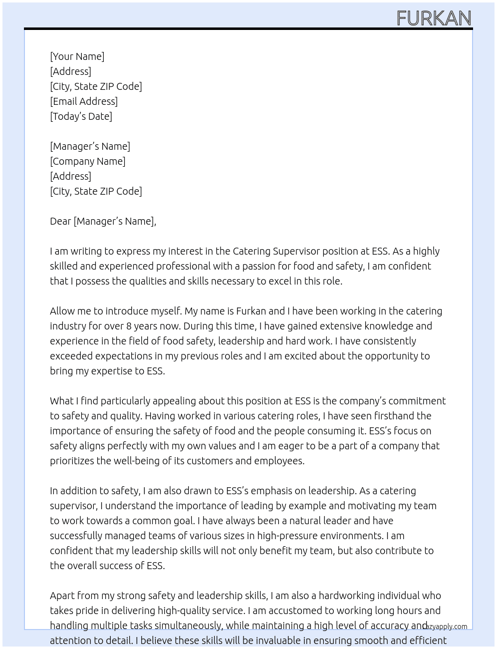 catering supervisor At ESS Cover Letter