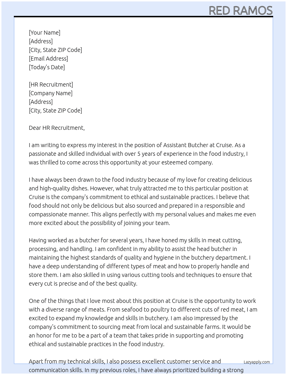 Assistant Butcher At Cruise Cover Letter