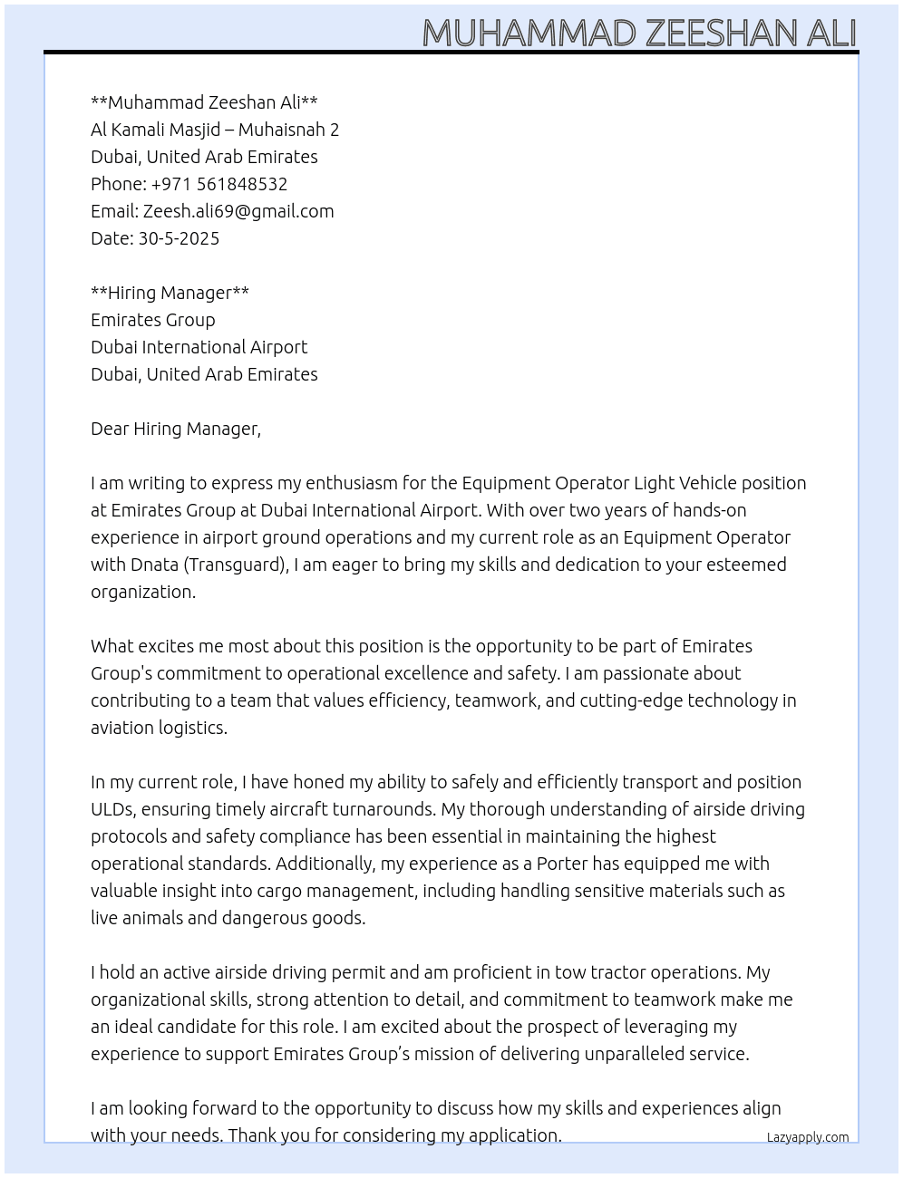 Equipment operator light vehicle  At Emirates Group Cover Letter