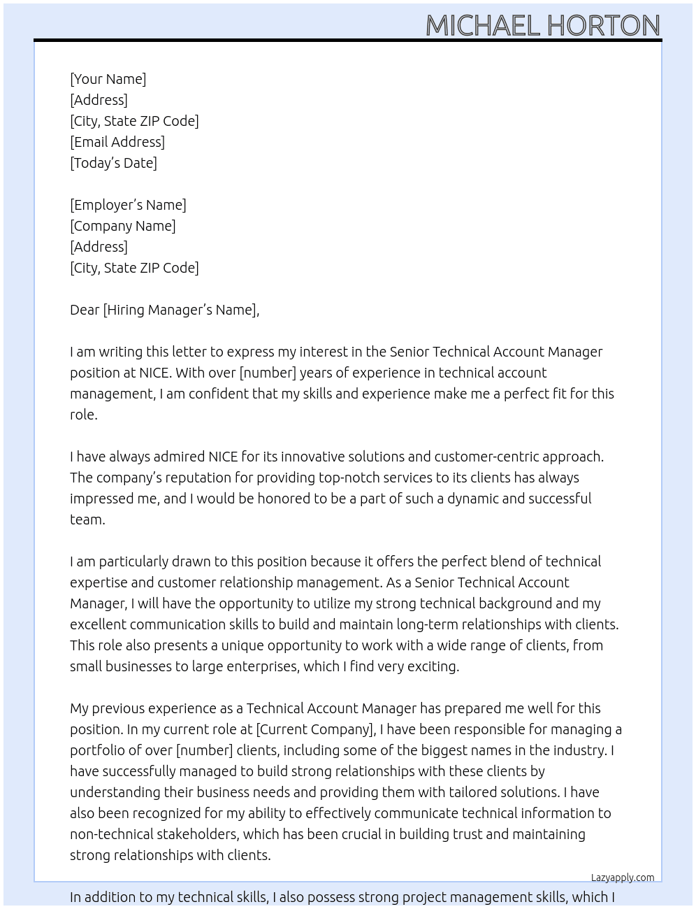 Senior Technical Account Manager At NICE Cover Letter