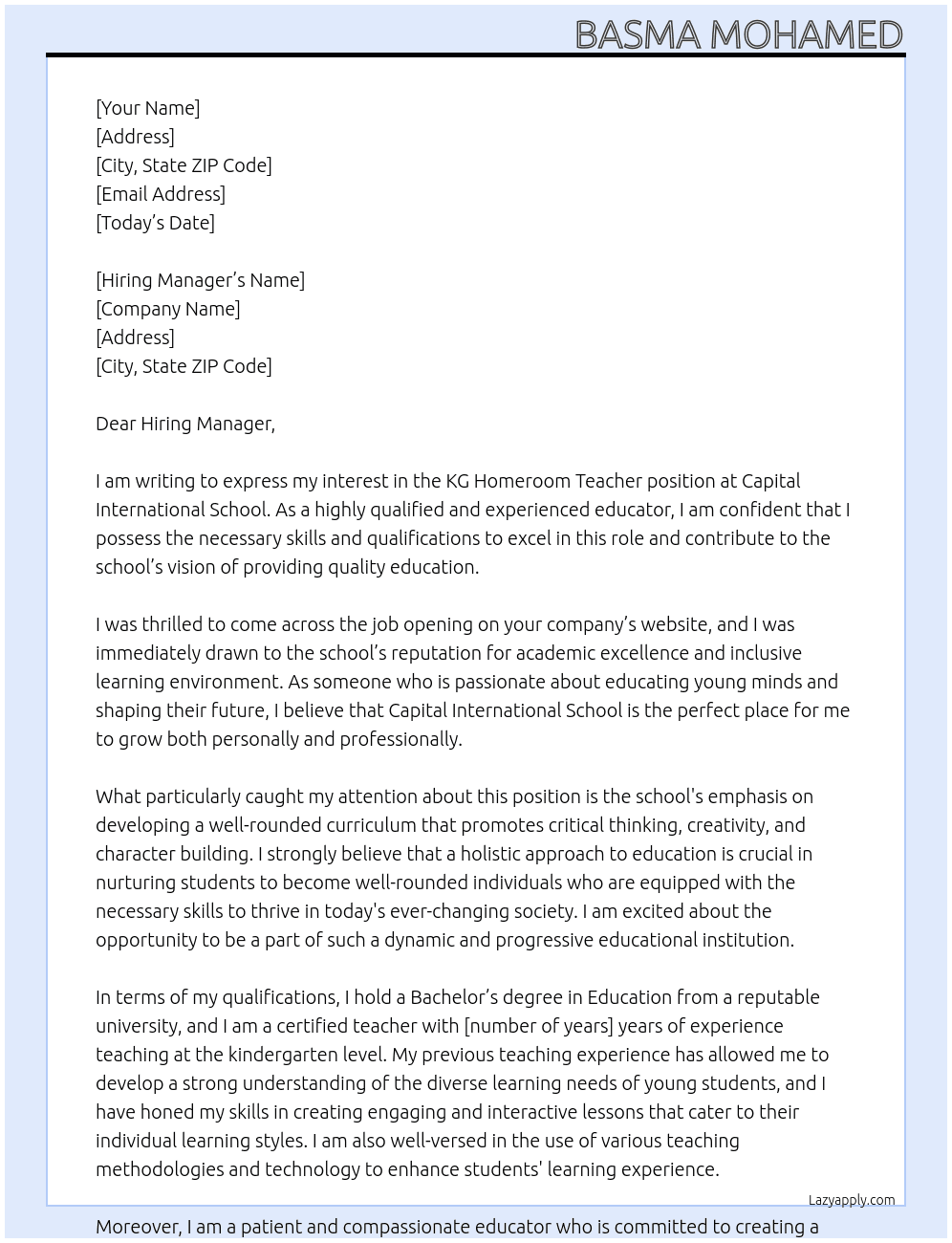KG Homeroom teacher  At Cpital international school Cover Letter