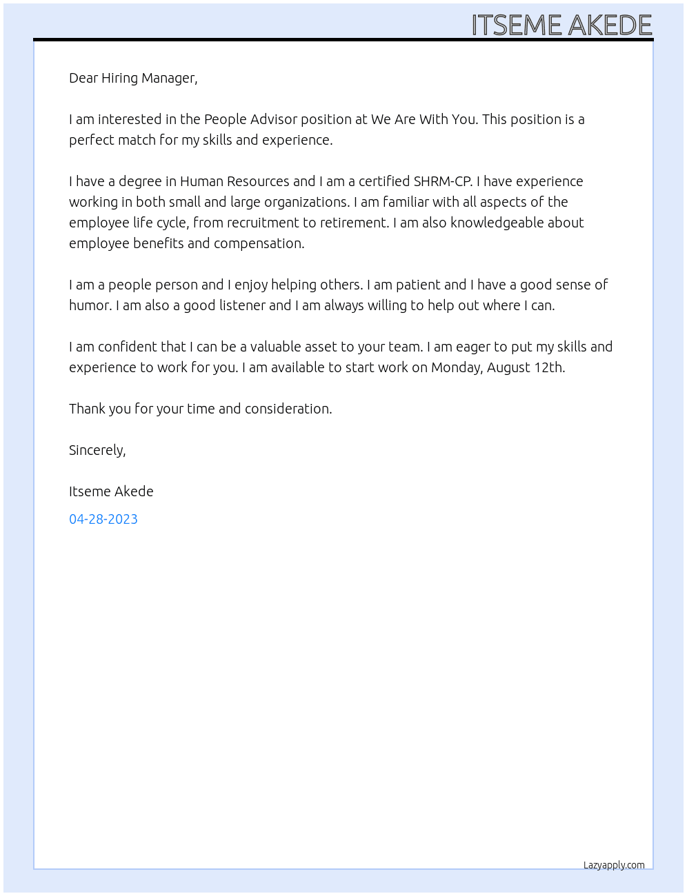 People Advisor At We Are With You Cover Letter
