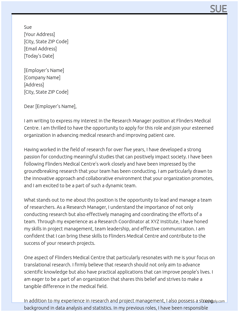 Research Manager At Flinders Medical Centre Cover Letter