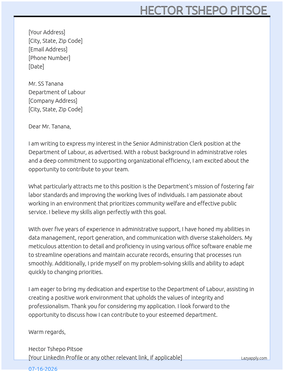 Senior Administration Clerk At Department of labour Cover Letter